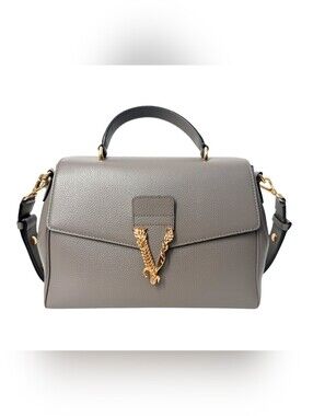 VERSACE Virtus Medium Sized Gray Leather Bag With Matching Card Holder